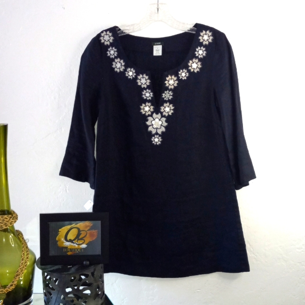 Size 0 J.Crew 100% Linen Navy Tunic Embroidered V-Neck 3/4 Sleeve Blouse